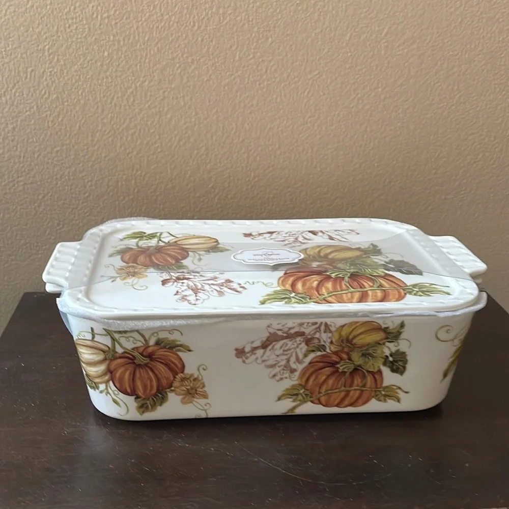 Grace Pantry Pumpkins Rectangular Porcelain Casserole Baking Dish & Lid New - Picture 4 of 4